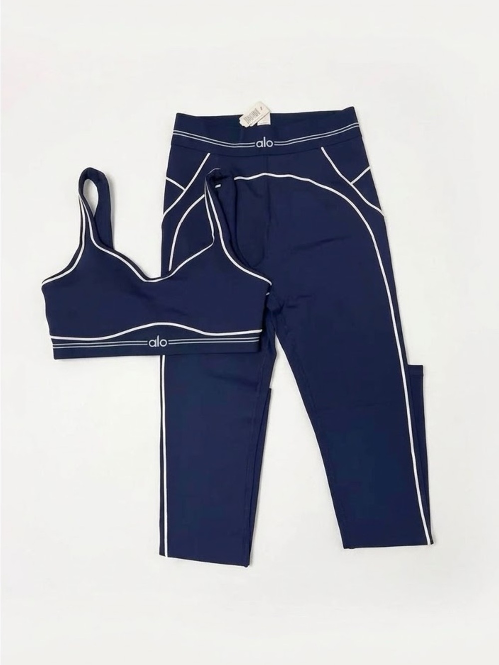 ALO Yoga Navy blue Leggings and bra with White Piping
